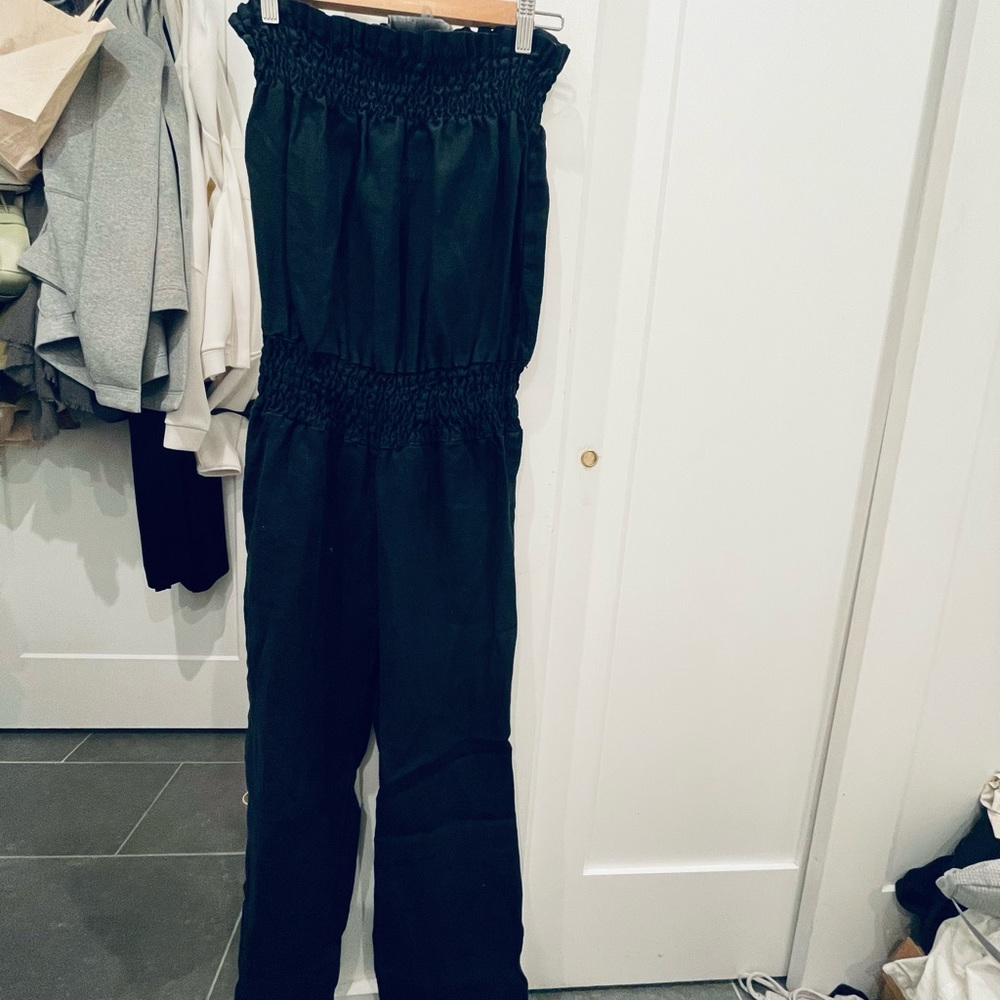 Linen wide leg strapless jumpsuit, black